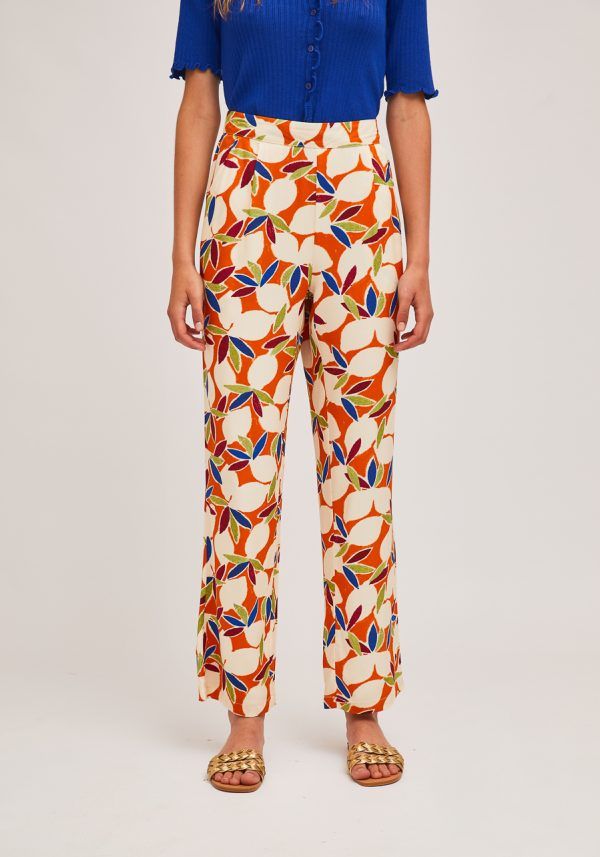 PANTALON ESTAMPADO FLORAL AZUL Y NARANJA