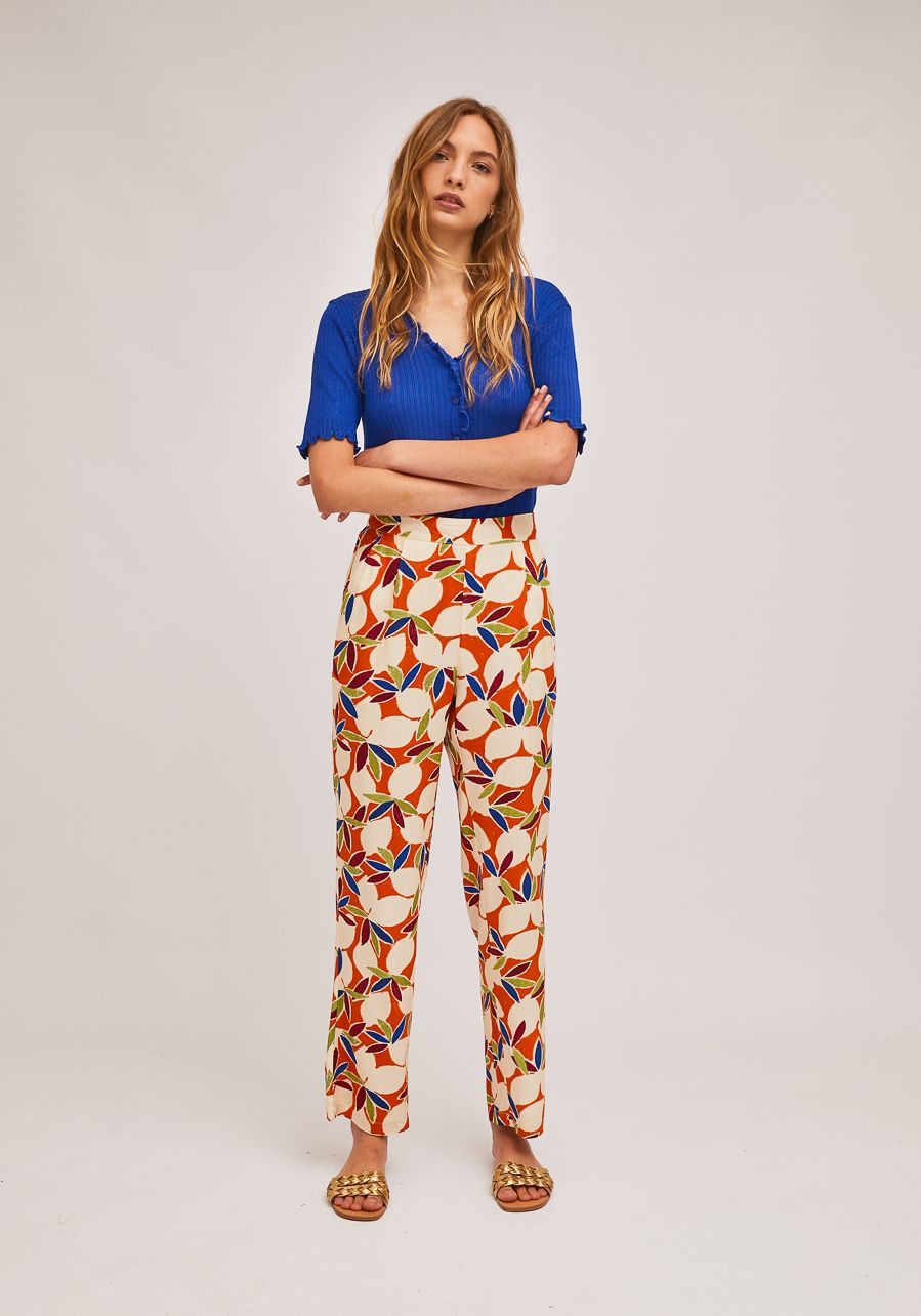 PANTALON ESTAMPADO AZUL Y NARANJA Dulce Locura tu tienda online multimarca