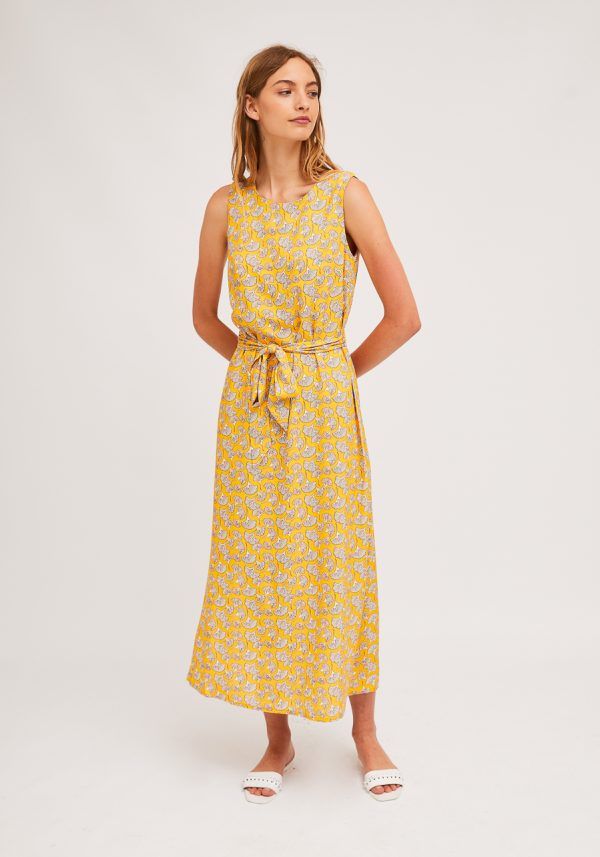 VESTIDO AMARILLO CON ESTAMPADO ABANICOS