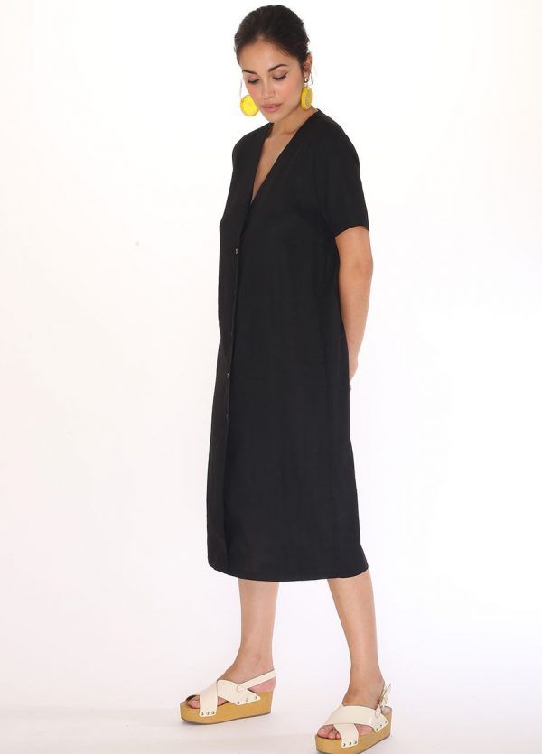 LINEN V-NECK DRESS BLACK - Imagen 2