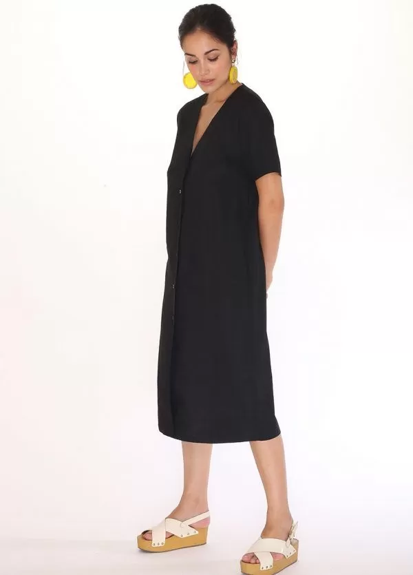 LINEN V-NECK DRESS BLACK