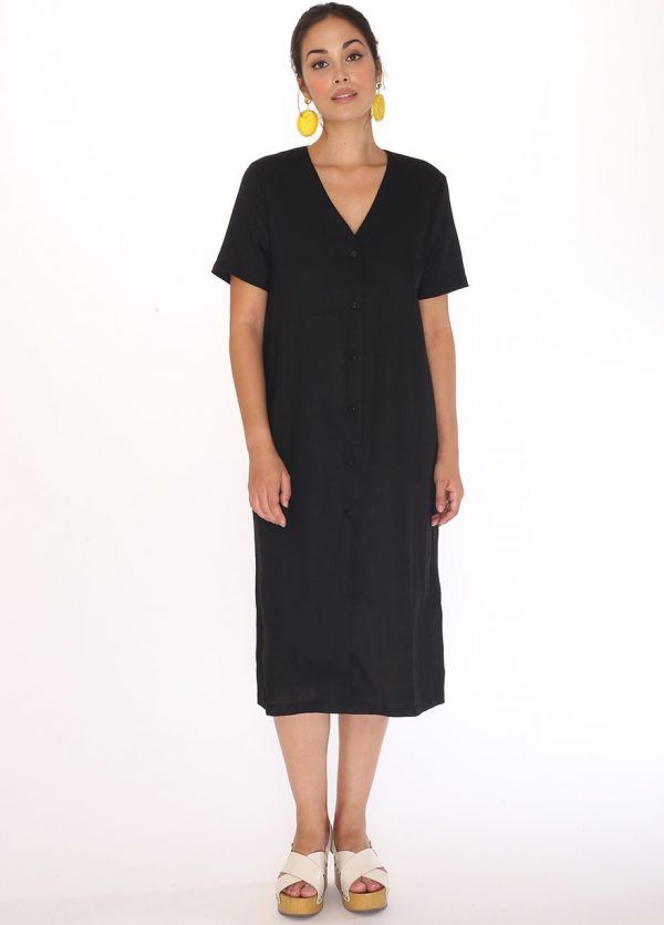 LINEN V-NECK DRESS BLACK