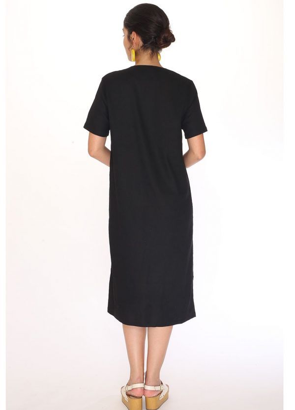LINEN V-NECK DRESS BLACK - Imagen 3