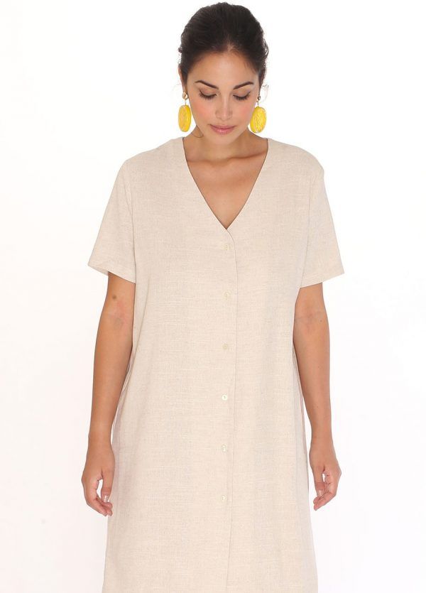 LINEN V-NECK DRESS CREAM