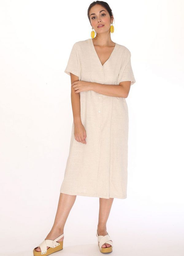 LINEN V-NECK DRESS CREAM