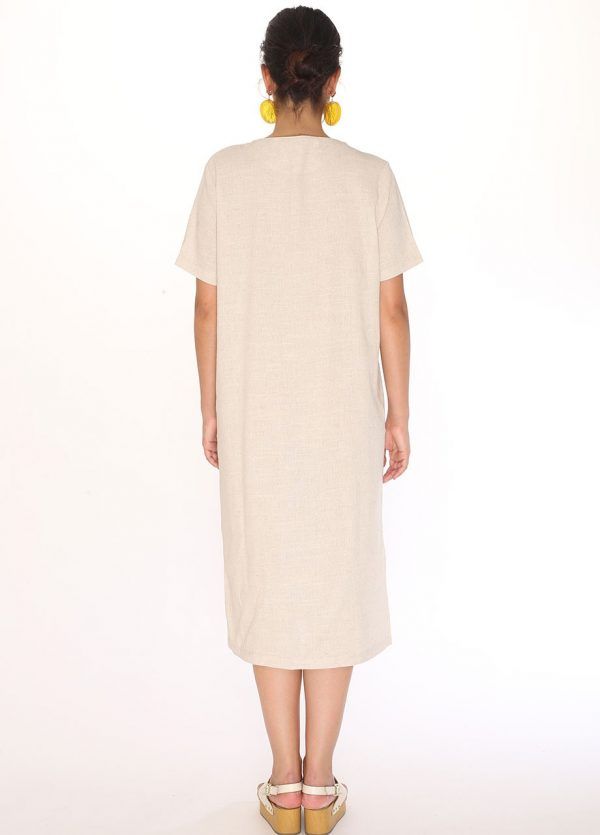 LINEN V-NECK DRESS CREAM - Imagen 3