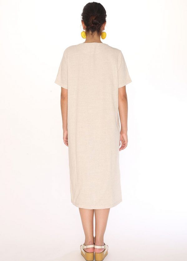 LINEN V-NECK DRESS CREAM