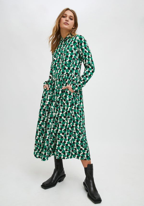 VESTIDO CAMISERO MIDI CON ESTAMPADO GEOMÉTRICO VERDE