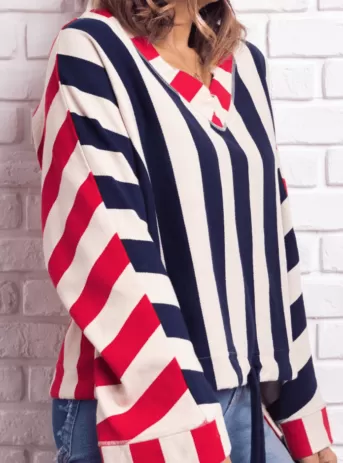 Jersey de rayas con cordón, cuello elevado en nuca y escote en pico. Aireretro