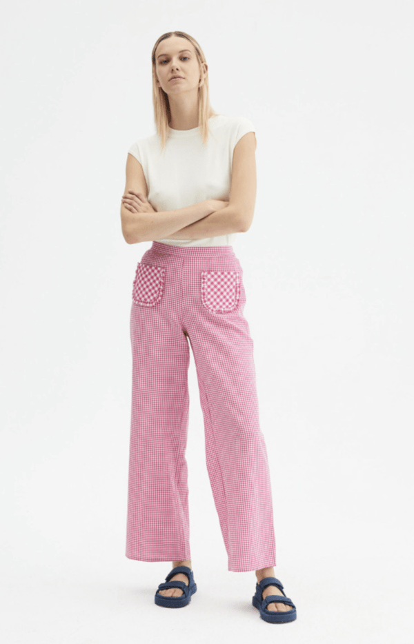 Pantalón ancho con estampado de cuadros vichy rosas