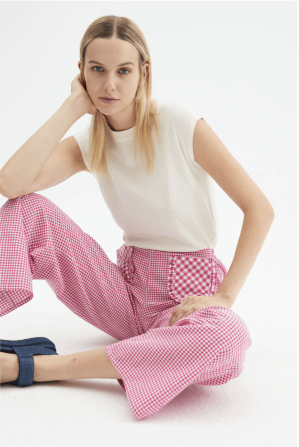 Pantalón ancho con estampado de cuadros vichy rosas - Imagen 2