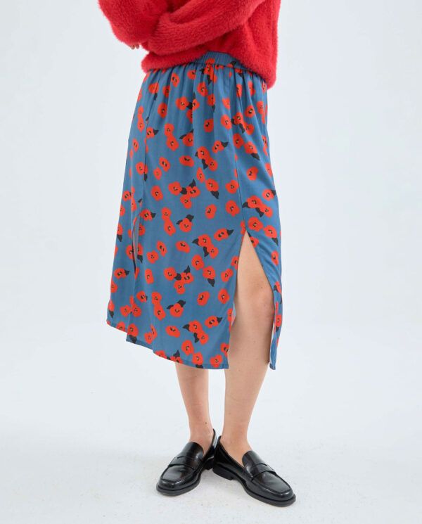 Falda midi con aberturas y estampado floral rojo