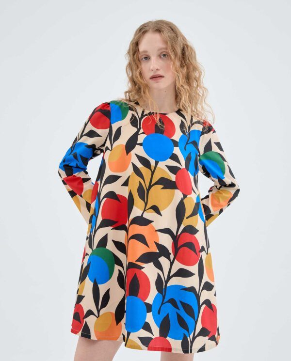 Vestido corto evase con manga larga y estampado de hoja - Imagen 3