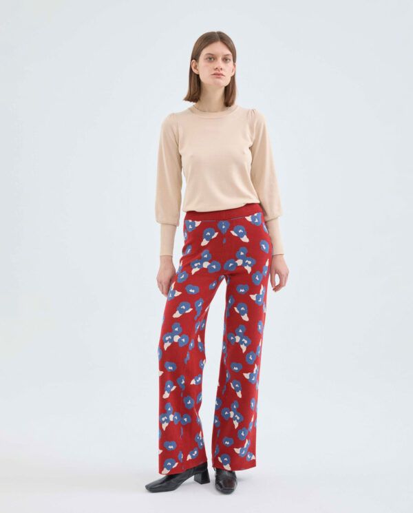 Pantalón largo recto de punto con estampado floral rojo - Imagen 2