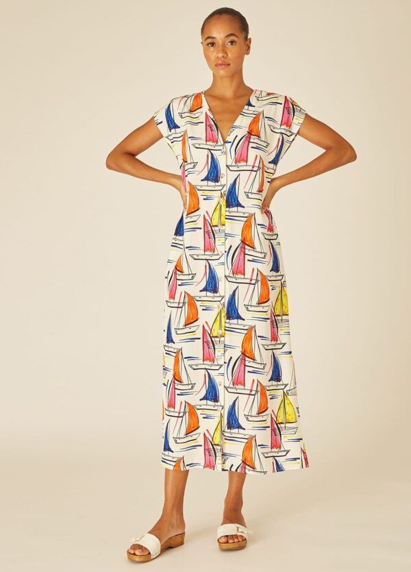 Vestido midi estampado de barcos, cuello de pico de pepa Loves