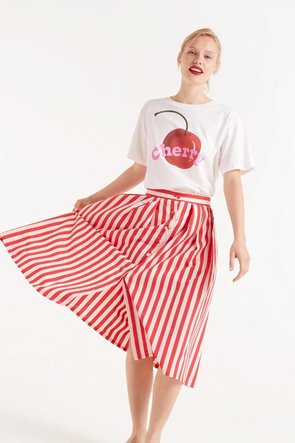 FALDA MIDI ESTAMPADO RAYAS ROJAS - Imagen 3
