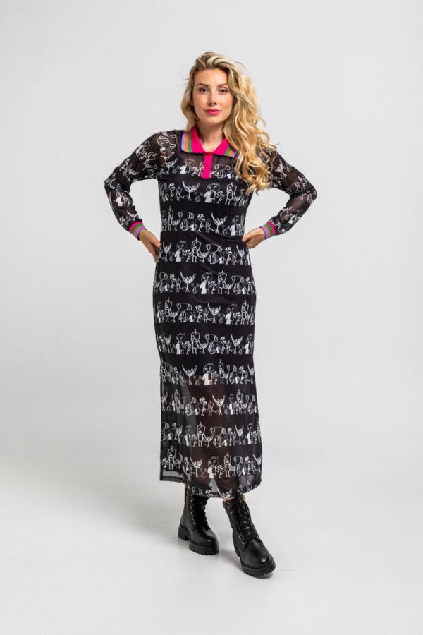 Vestido largo de tul tipo polo de garabatos monocromático -